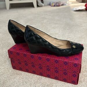 Tory Burch - wedge heels - Black quilted leather and patent toe. Size 6.5